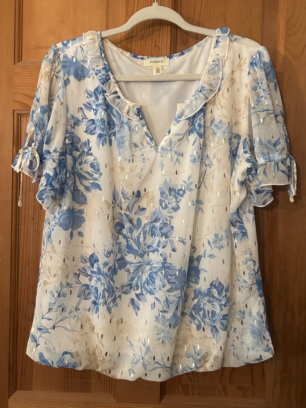 Casual Floral Ruffle V-Neck Top - Blue/White